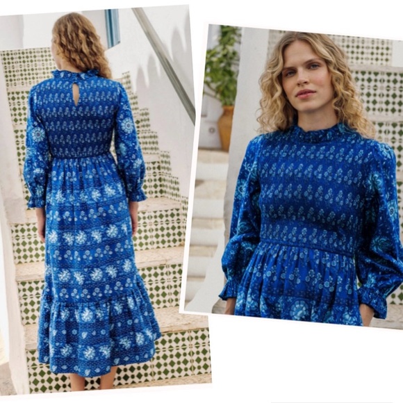 Tuckernuck Pink City Prints Isabel Dress Maxi Smocked Tiered Ruffle Indigo Blue - Picture 2 of 12